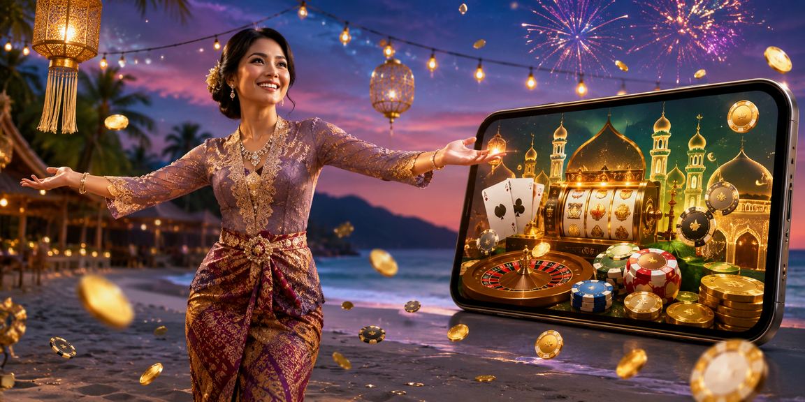 Pengguna mengakses platform casino mobile di tepi pantai dengan pemandangan laut yang tenang