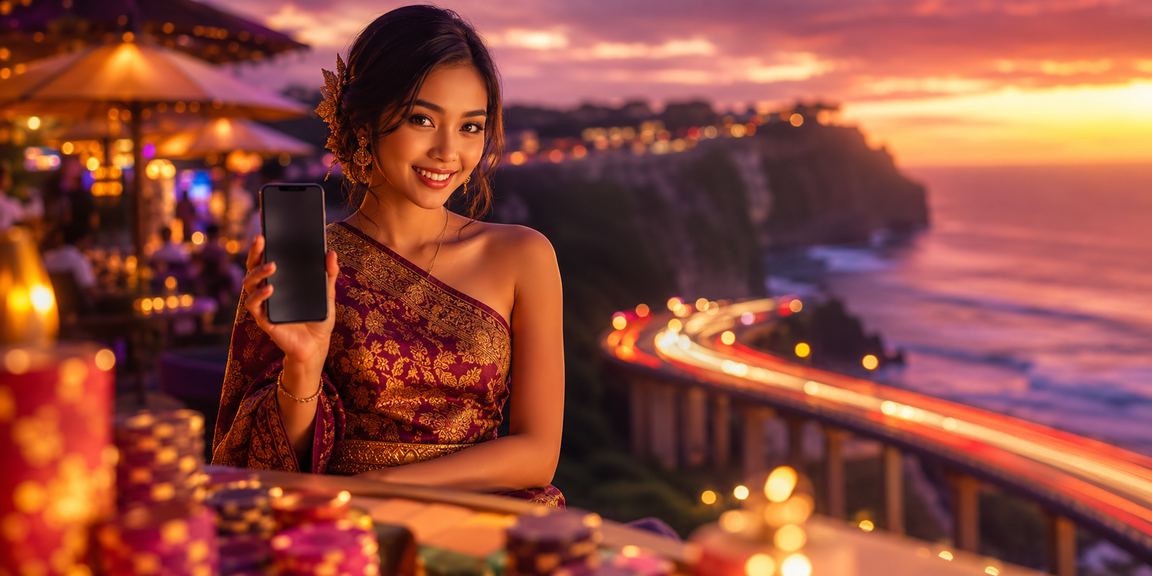 Layar ponsel menampilkan antarmuka platform hiburan digital dengan cahaya malam yang menawan