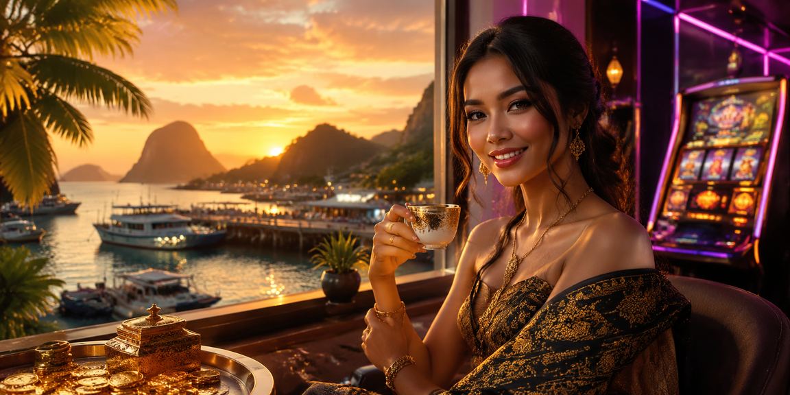 Suasana permainan slot digital dengan nuansa kafe Vietnam yang hangat dan penuh cahaya